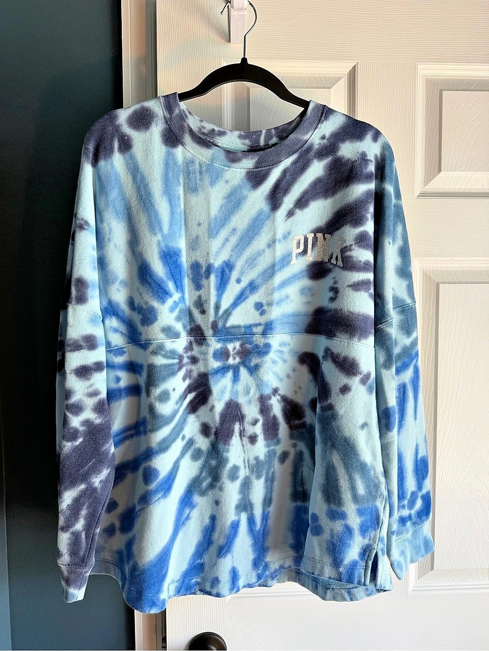 PINK Victoria's Secret Tie Dye Spirit Jersey Sweatshirt Blue & White Large